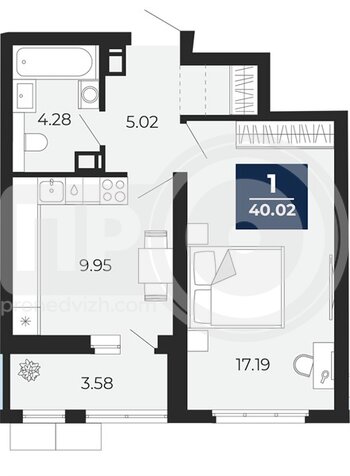 Миниатюра 1-комнатная квартира, 40.02кв.м