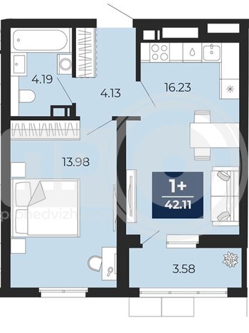 Миниатюра 1-комнатная квартира, 42.11кв.м