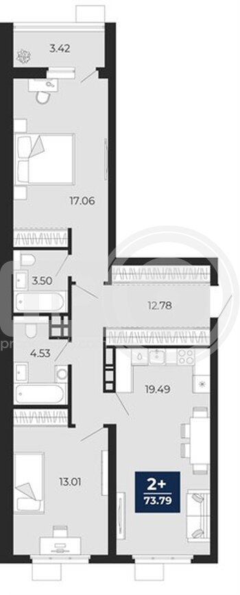 Миниатюра 2-комнатная квартира, 73.79кв.м