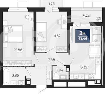 Миниатюра 2-комнатная квартира, 61.46кв.м
