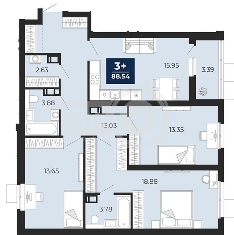 3-комнатная квартира, 88.54кв.м