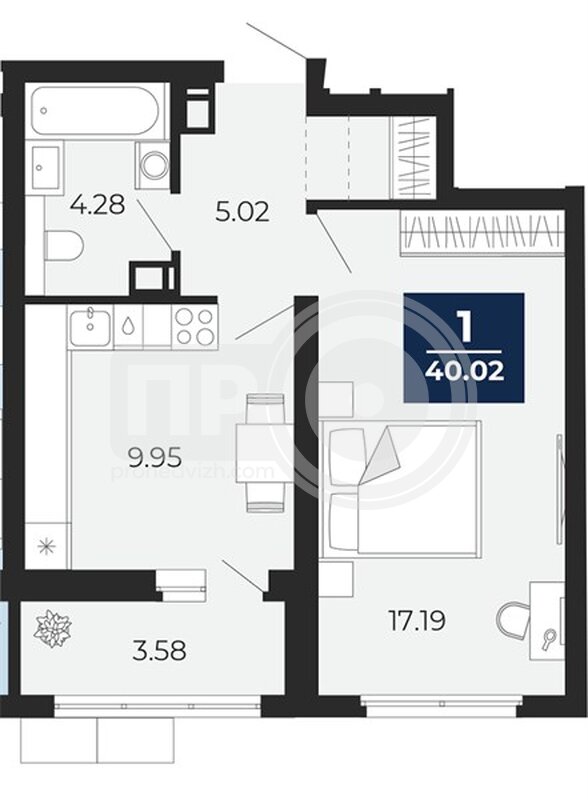 1-комнатная квартира, 40.02кв.м