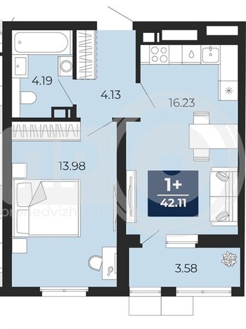 Миниатюра 1-комнатная квартира, 42.11кв.м
