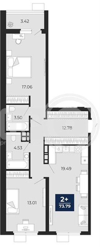 2-комнатная квартира, 73.79кв.м
