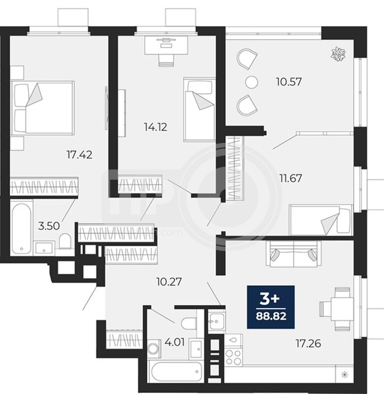 3-комнатная квартира, 88.82кв.м