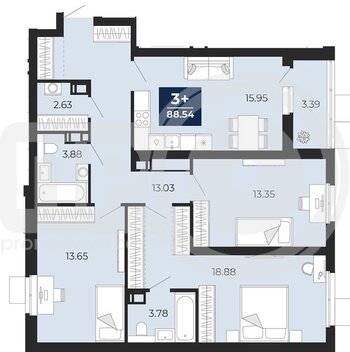 Миниатюра 3-комнатная квартира, 88.54кв.м