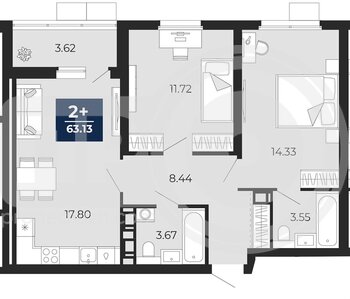 Миниатюра 2-комнатная квартира, 63.13кв.м