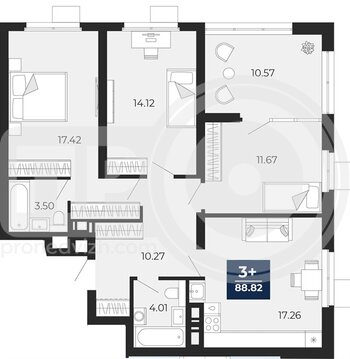 Миниатюра 3-комнатная квартира, 88.82кв.м