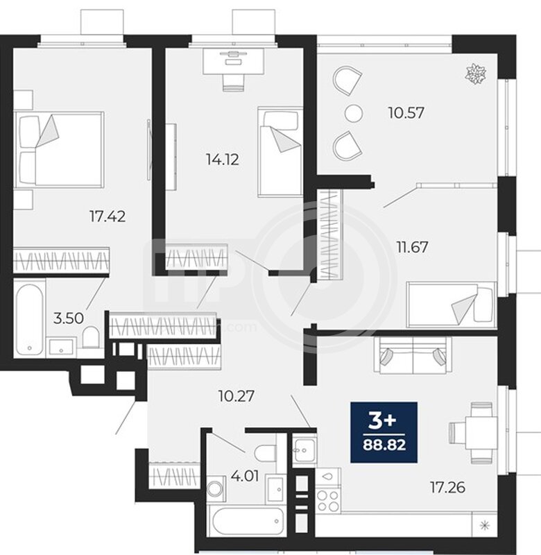 3-комнатная квартира, 88.82кв.м