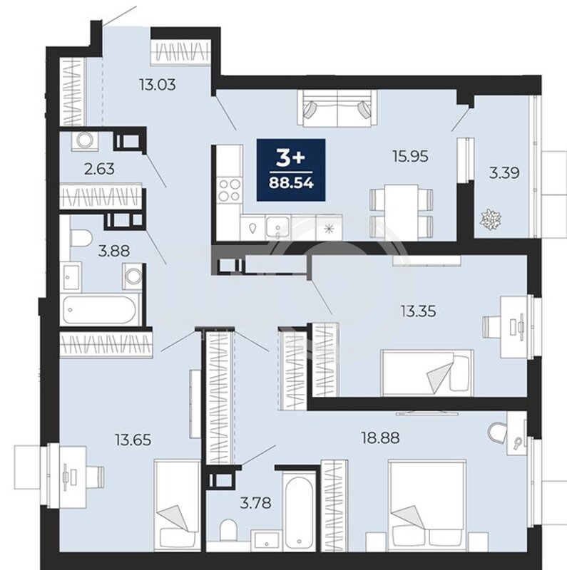 3-комнатная квартира, 88.54кв.м