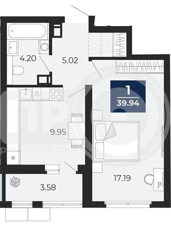 Миниатюра 1-комнатная квартира, 39.94кв.м