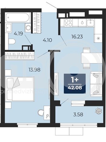 Миниатюра 1-комнатная квартира, 42.08кв.м