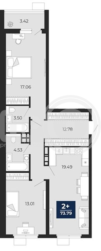 Миниатюра 2-комнатная квартира, 73.79кв.м