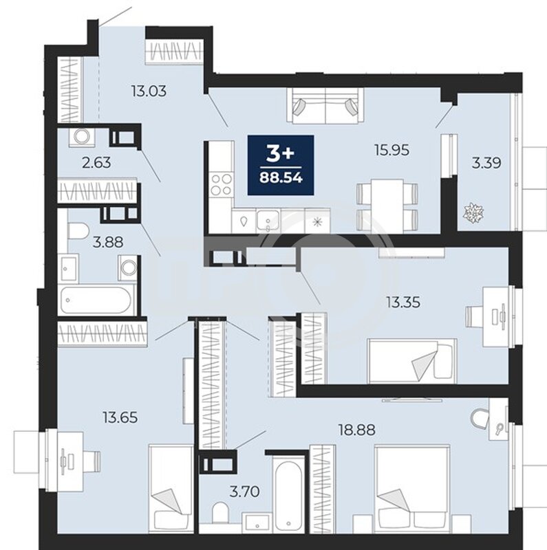 3-комнатная квартира, 88.46кв.м