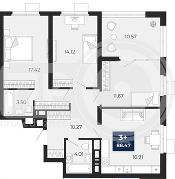 Миниатюра 3-комнатная квартира, 88.47кв.м