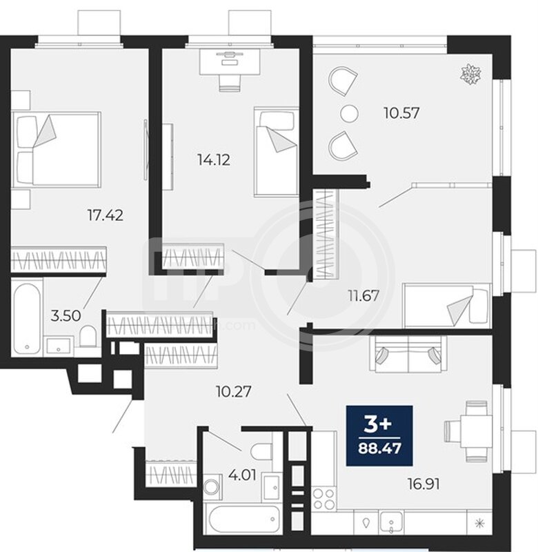 3-комнатная квартира, 88.47кв.м