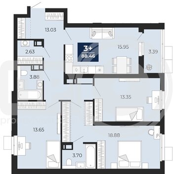 Миниатюра 3-комнатная квартира, 88.46кв.м