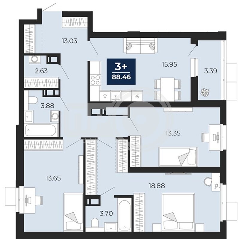 3-комнатная квартира, 88.46кв.м