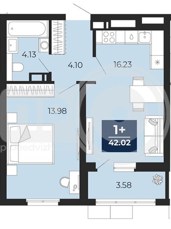 Миниатюра 1-комнатная квартира, 42.02кв.м