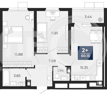 Миниатюра 2-комнатная квартира, 60.15кв.м
