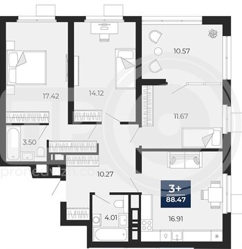 Миниатюра 3-комнатная квартира, 88.47кв.м