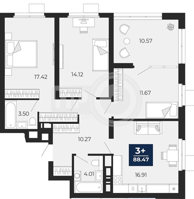 3-комнатная квартира, 88.47кв.м