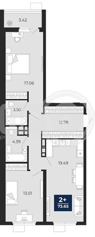 2-комнатная квартира, 73.65кв.м
