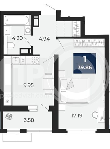 Миниатюра 1-комнатная квартира, 39.86кв.м