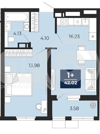 Миниатюра 1-комнатная квартира, 42.02кв.м