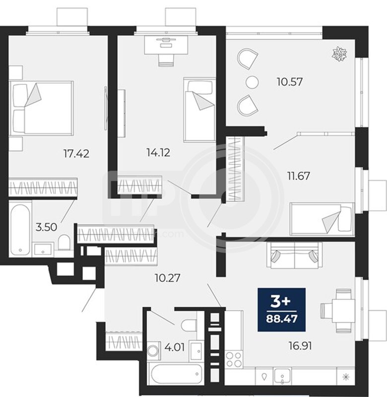 3-комнатная квартира, 88.47кв.м