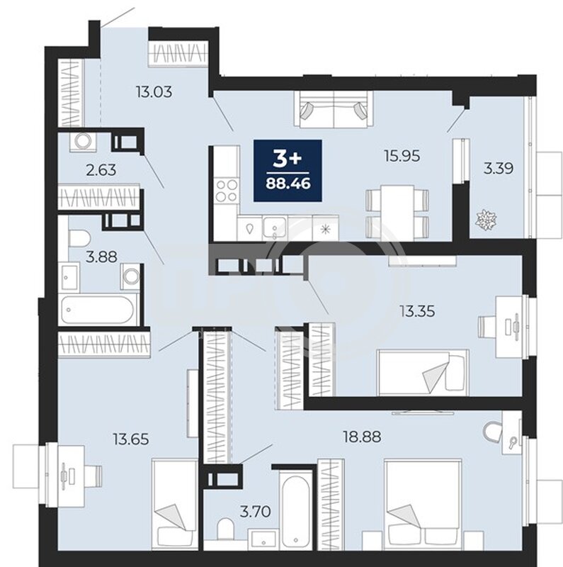 3-комнатная квартира, 88.46кв.м