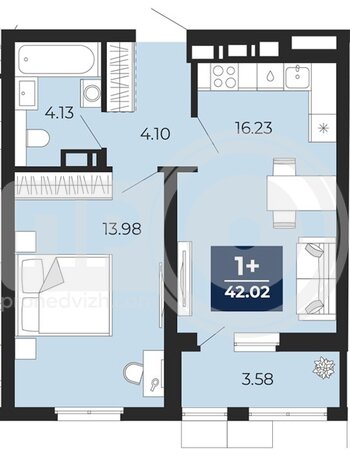 Миниатюра 1-комнатная квартира, 42.02кв.м