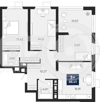 Миниатюра 3-комнатная квартира, 88.47кв.м