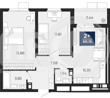 Миниатюра 2-комнатная квартира, 60.15кв.м