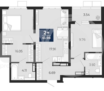 Миниатюра 2-комнатная квартира, 61.98кв.м