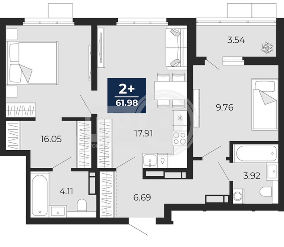 2-комнатная квартира, 61.98кв.м