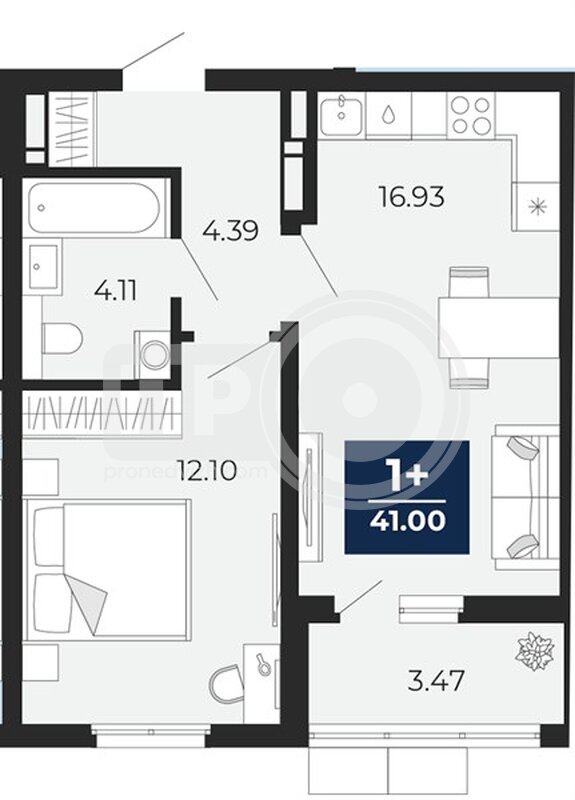 1-комнатная квартира, 41кв.м