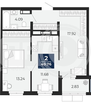 Миниатюра 2-комнатная квартира, 49.76кв.м