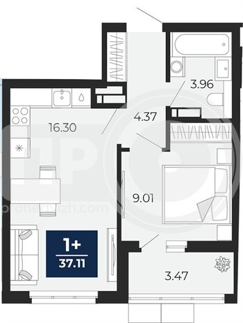 Миниатюра 1-комнатная квартира, 37.11кв.м