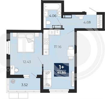 Миниатюра 1-комнатная квартира, 41.85кв.м