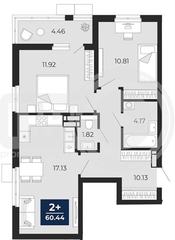 Миниатюра 2-комнатная квартира, 60.44кв.м
