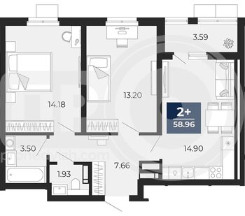 Миниатюра 2-комнатная квартира, 58.96кв.м
