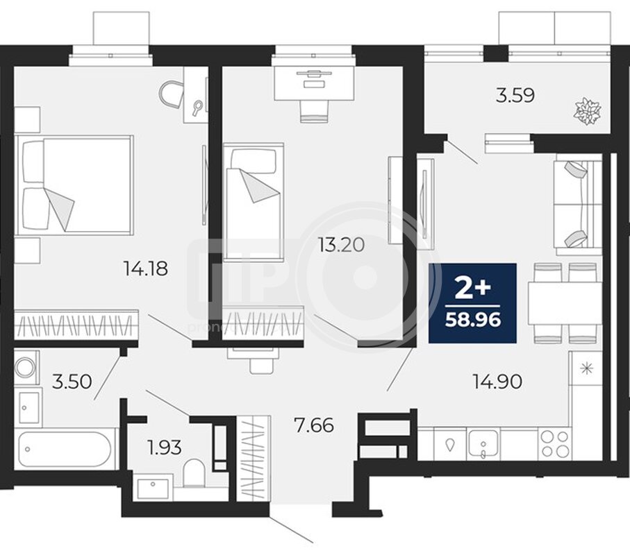 2-комнатная квартира, 58.96кв.м