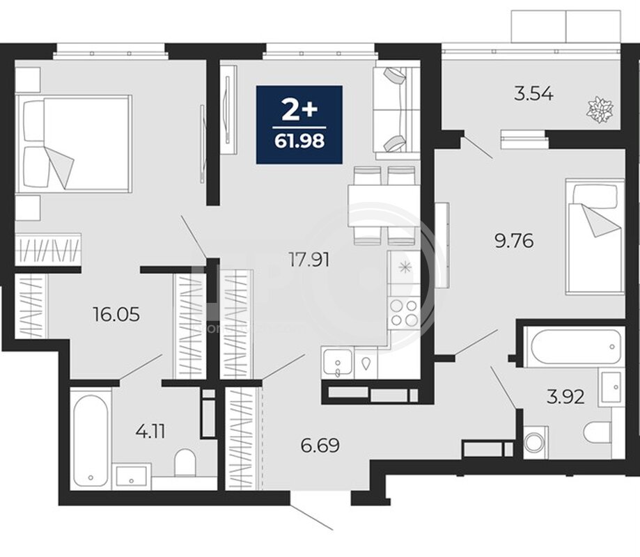 2-комнатная квартира, 61.98кв.м