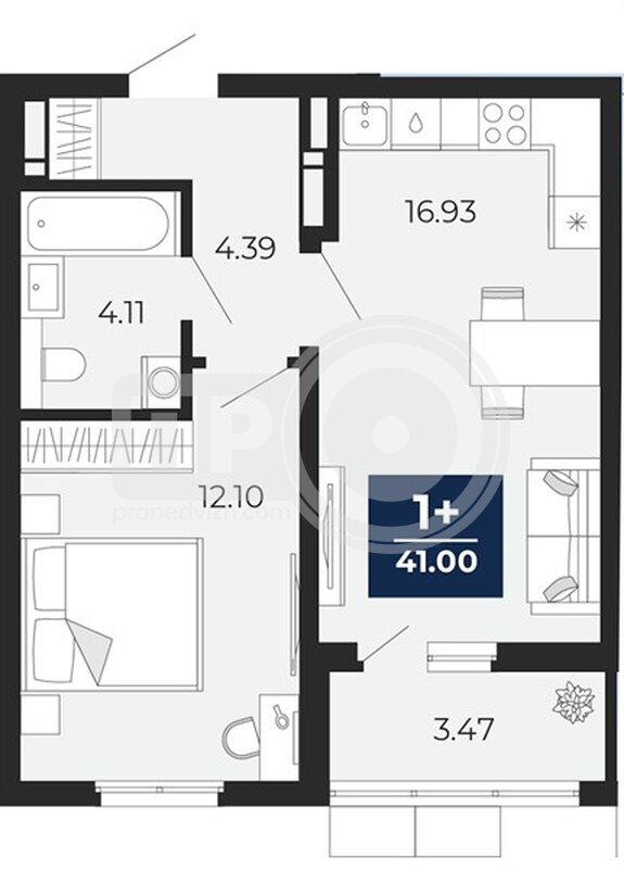 1-комнатная квартира, 41кв.м