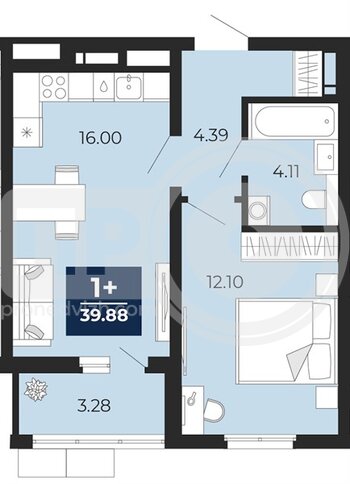 Миниатюра 1-комнатная квартира, 39.88кв.м