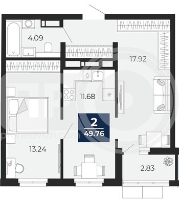 Миниатюра 2-комнатная квартира, 49.76кв.м