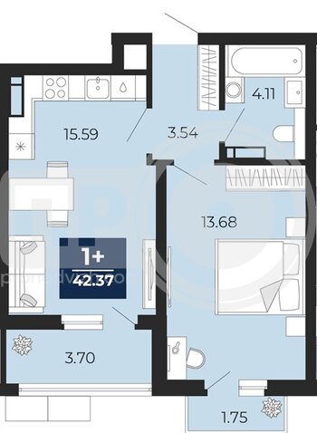 Миниатюра 1-комнатная квартира, 42.37кв.м