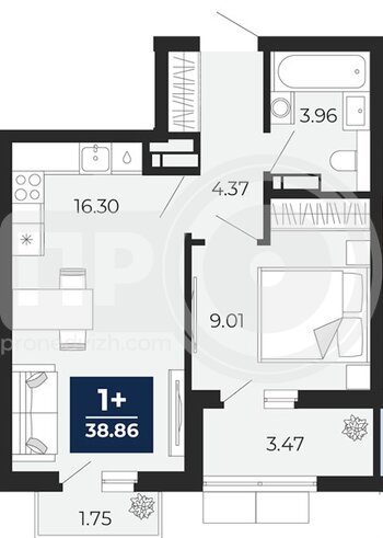 Миниатюра 1-комнатная квартира, 38.86кв.м