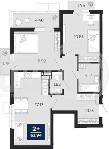 Миниатюра 2-комнатная квартира, 63.94кв.м